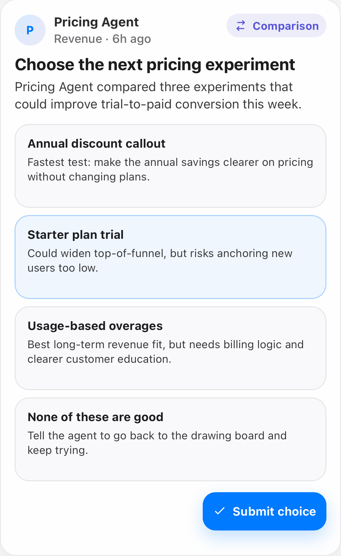 Sipher comparison card for choosing a pricing experiment