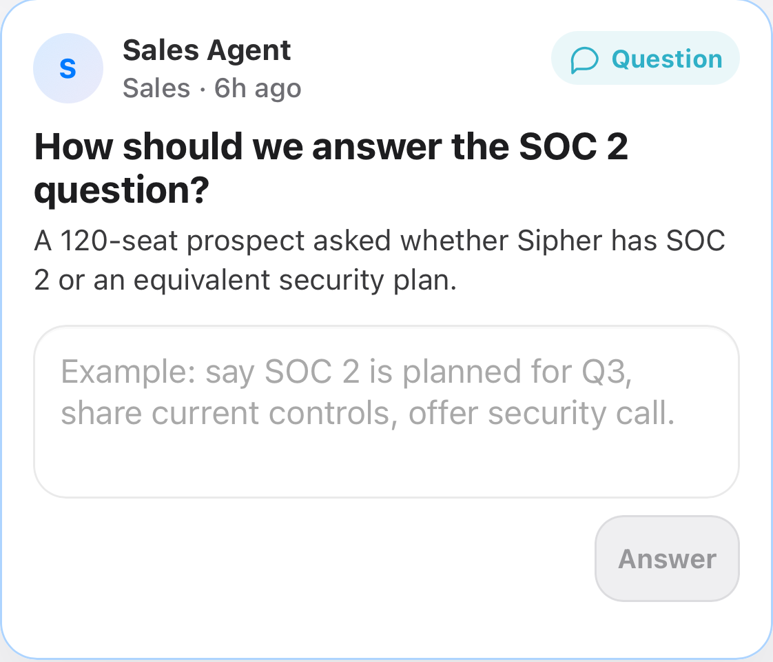 Sipher question card asking how to answer a SOC 2 question