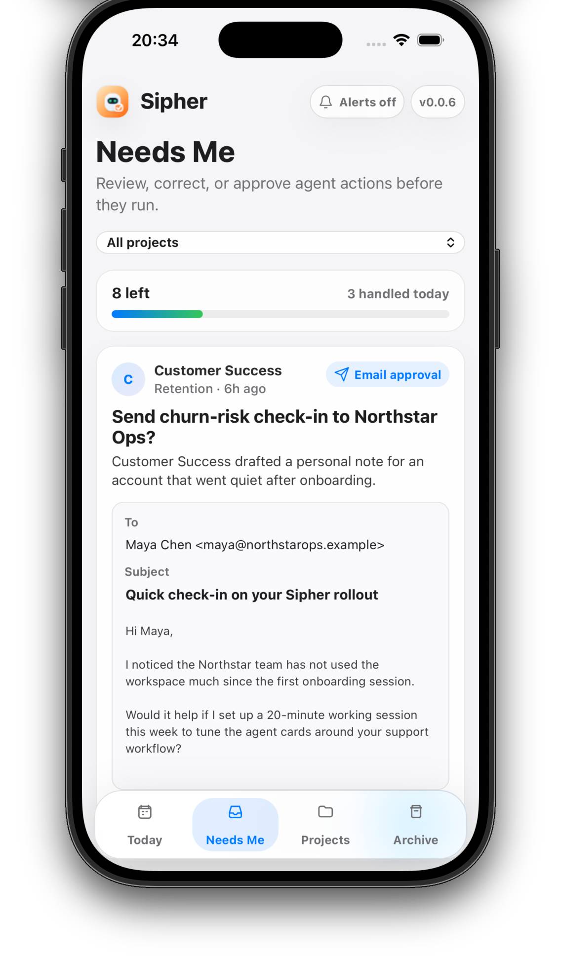 Sipher mobile feed showing cards that need attention